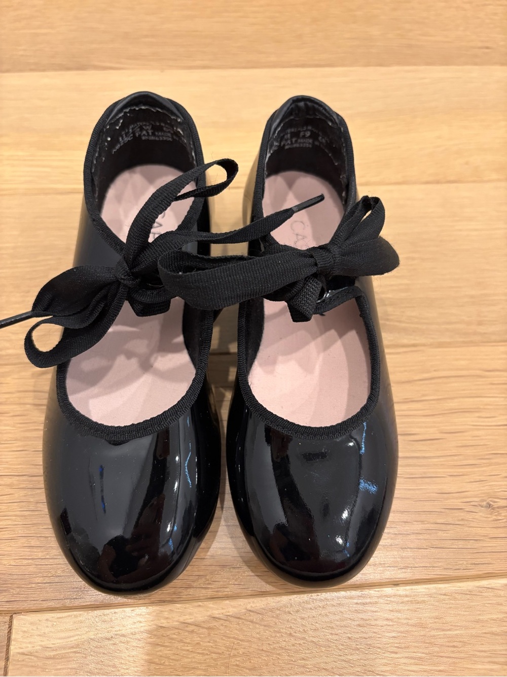 Capezio Black Patent Tap Shoes with Elastic and Ribbon Tie